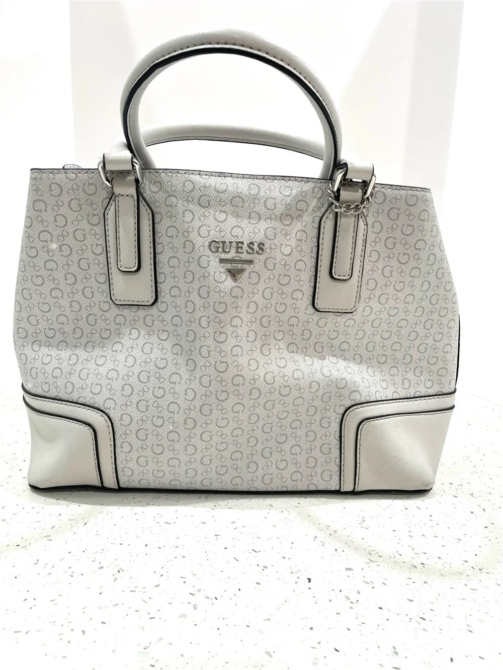 GUESS White Logo-Print Satchel with Silver Hardware